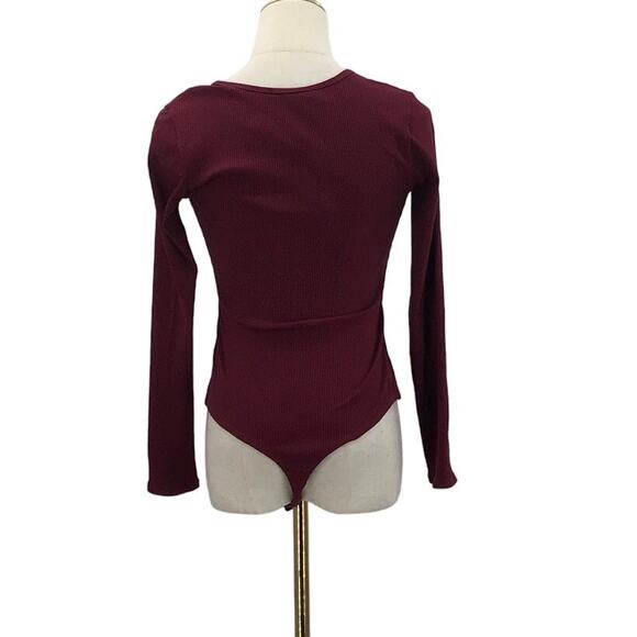LULU'S SZ S Casual Love Burgundy Ribbed Long Sleeve Bodysuit NWT b62 - Picture 4 of 10
